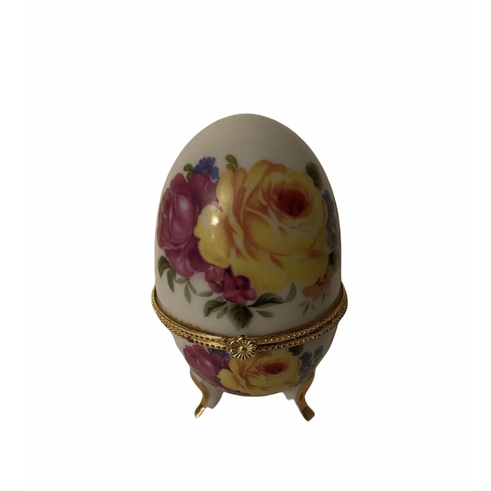 Vintage Porcelain Egg Hinged Trinket Box Yellow Rose Footed Gold Accents 3.5"